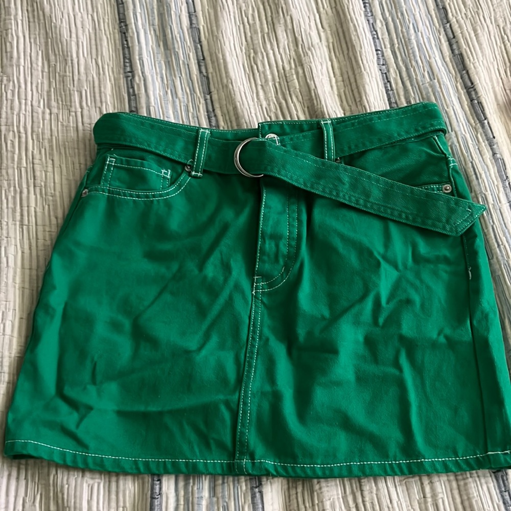 Green denim mini skirt